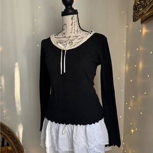 black knit long sleeve with lace and bow neckline